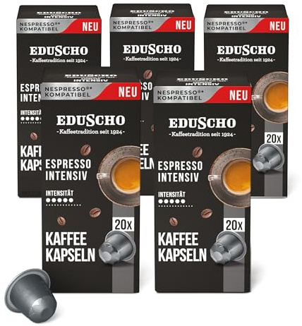 Tchibo Eduscho Vorratsbox Espresso Intensiv Kaffeekapseln, 100 Stück (5 x 20 Kaffeekapseln), kompatibel mit Nespresso, dunkle Röstung, kräftig und charaktervoll, nachhaltig & fair gehandelt
