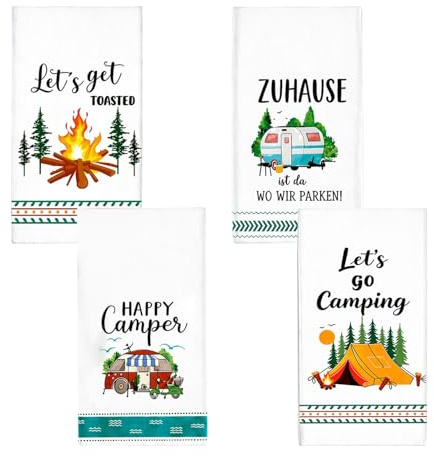 AHEJIOO Camper Geschenke 4er Geschirrtücher Set – Lustige Küchentücher für Camping Geschenke & Wohnwagen Deko – Mikrofaser Trockentücher als Wohnmobil Geschenk Zubehör