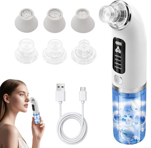 Aspirateur Point Noir Professionnel 4 Modes 6 Sondes Extracteur Visage | 4 niveaux d'aspiration, 6 sondes interchangeables. Rechargeable USB avec écran LED. Nettoyage doux des pores et sébum.
