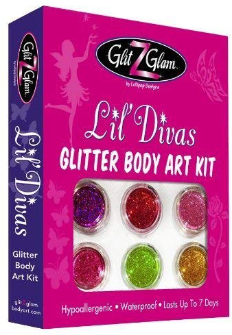 Kit de tatuajes con brillantina: Lil Divas con 6 brillantinas grandes y 12 plantillas para tatuajes temporales reutilizables