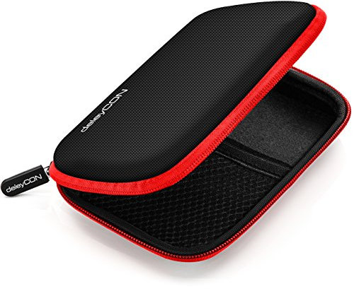 deleyCON Borsa del Disco Rigido Custodia HDD - Per Dischi Rigidi da 2,5 Pollici e SSD - Robusto e Antiurto - 2 Scomparti Interni con Tasche a Rete - Rosso