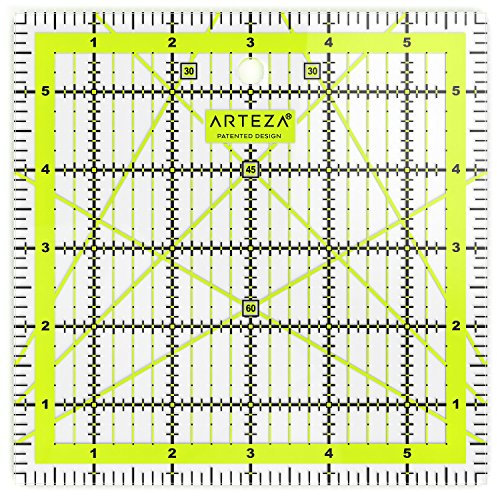 Arteza Patchwork-Lineal, transparentes Acryl Quilt-Lineal, 6 x 6 Zoll (15.24x15.24cm), Lineal für Quiltstoff mit zweifarbigen Rasterlinien