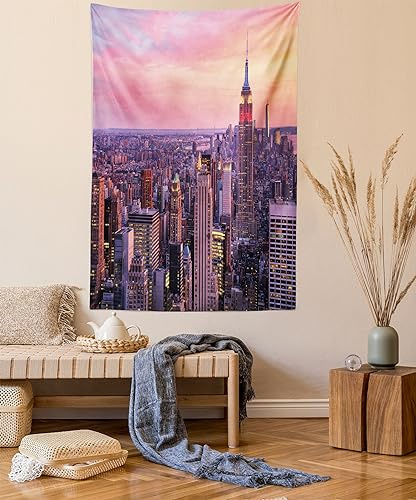 ABAKUHAUS New York Wandteppich, Empire State Building aus Weiches Mikrofaser Stoff Waschbar ohne Verblassen Digitaldruck, 110 x 150 cm, Pfirsich