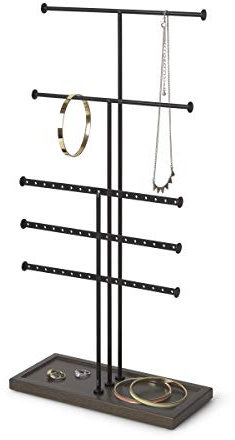 Umbra Trigem Tiered Tabletop Jewelry Organizer Freestanding Hanging Necklace, Earring and Bracelet Display, 5, Black/Walnut