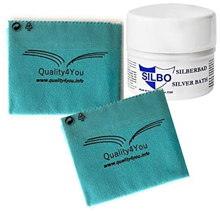 Bain de nettoyage pour bijoux, pièces de monnaie, métal pour or et argent - Avec chiffon de polissage assorti (1 bain d'argent avec 2 chiffons de polissage d’argent)