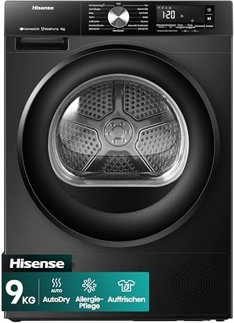 Hisense DH3S902BBCC Kondenstrockner mit Wärmepumpe / 9KG / 16 Programme/ConnectLife/Autodry/QuickDry/Allergie-Pflege/Auffrischen/TwinAir/DelayEnd/Feuchtesensor/EEK: C/Schwarz