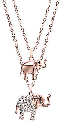 Ouran Elephant Pendant Necklace for Women, Detachable Double Layer Chain Hypoallergenic Silver Plated/Rose Gold Necklace with Crystal