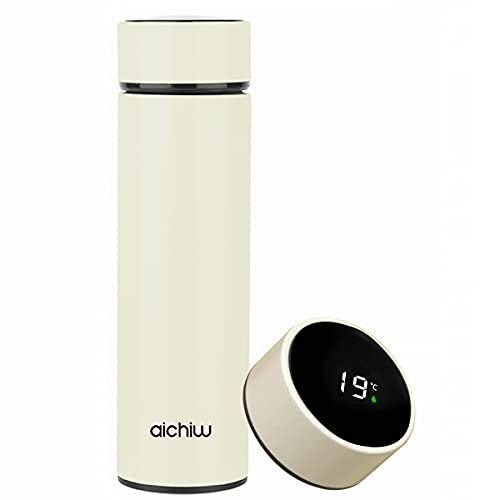 Aichiw Taza de Viaje Termo con Pantalla de Temperatura de Botella de Agua Inteligente con Aislamiento al Vacío Para Mujeres y Hombres Al aire libre（450ml Blanco）