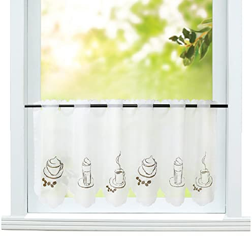 ESLIR Scheibengardine Landhaus Bistrogardine Küche Gardinen Transparent Vorhänge mit Kaffee Stickerei Kurzgardine Voile mit Lochleiste HxB 30x90cm 1 Stück