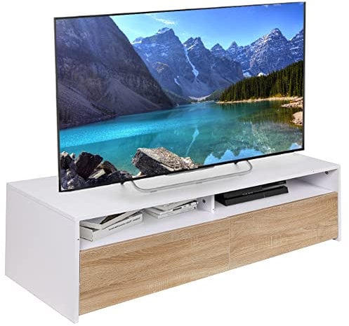 BAKAJI Meuble TV en Bois MDF Buffet avec Base de télévision 2 Compartiments Ouverts et 2 Portes, Dimensions 130 x 40 x 35,5 cm, Couleur Blanc et chêne, Design Moderne, décoration de Maison