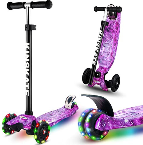 Cutemelo Trottinette Trois Roues d'Enfant de 3 à 12 Ans avec LED Lumières Clignotantes et Guidon Réglable en Hauteur Scooter 3 Roues Antidérapant pour Filles et Garçons (Nébuleuse Violette)