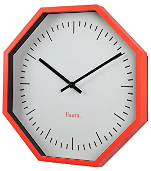 FISURA - Moderne achteckige Wanduhr in Neonfarben. Moderne Küchenuhr. Wanduhr ohne tickendes Geräusch. Rosa Wanduhr. 30 Zentimeter im Durchmesser. Holz und Glas. 1 AA-Batterie.