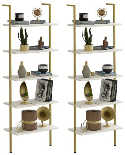 aboxoo Ladder Shelf 2PCS White Marble Bookshelf 5-Tier Wall-Mounted Wood Rack Open Industrial Modern Plant Flower Stand Utility Organizer Bookcase Metal Frame Furniture Office Kitchen Bedroom