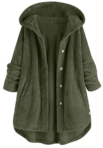 Giacca da donna in pile Teddy, taglie grandi, da montagna, a maniche lunghe, con cappuccio, calda imbottitura, per autunno e inverno, cardigan, verde, M
