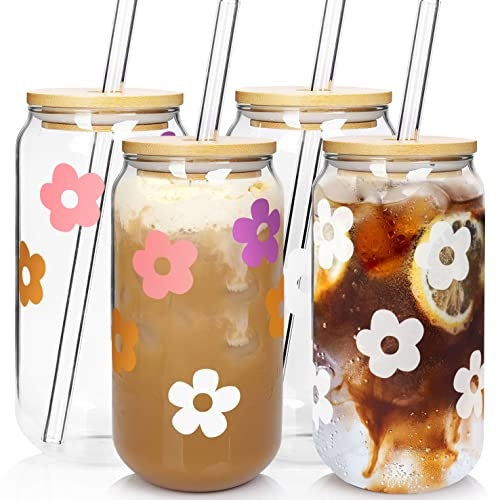 Mason Life Lot de 4 tasses en verre avec couvercles et pailles, 532 ml | Jolies tasses en verre pour smoothie, gobelet en verre, tasse à café, bière en forme de canette