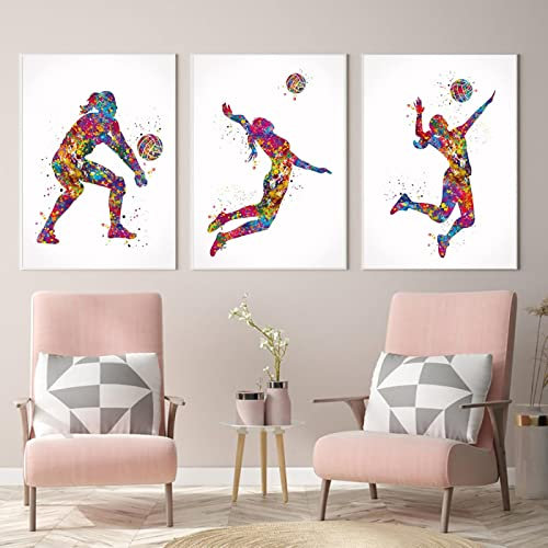 Dittelle Nordic Volleyball Mädchen Aquarell Poster Hand Ball Spieler Frau Sport Leinwand Malerei Wandkunst Bild Wohnzimmer Dekor 40x60cm-3Pcs Frameless