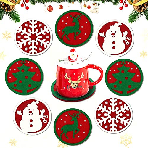 8 Stück Weihnachten Filzuntersetzer, Filz Untersetzer Wintermotiv, Weihnachtsuntersetzer, Filz Hirsch Filzuntersetzer, Schneemann-Untersetzer, Schneeflocken-Untersetzer, Tassenuntersetzer