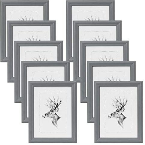 WOLTU Bilderrahmen 20x30cm 10er Set Fotorahmen Holzrahmen mit Passepartout, zum vertikalen oder horizontalen Aufhängen/Aufstellen, Posterrahmen Collage Wanddeko, Grau