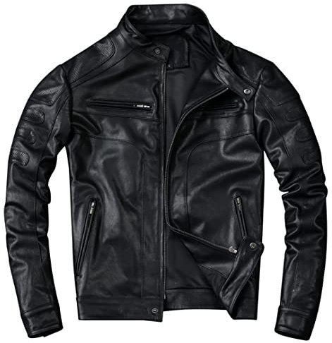 Herren Pflanzlich gegerbtes Schaffell Lederjacke Motorradjacken Slim Kurzer Stehkragen Echtleder Kleidung Mantel Schwarz Schaffell Größe 3XL 79-84kg