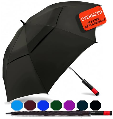 SIEPASA /62/68/72 Inch Automatic Open Golf Umbrella Oversize Extra Large Double Canopy Vented Windproof Waterproof Stick Umbrella.(Black, 62,Red Handle)