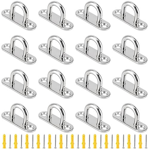NAMYEUT 16 Placas de Acero Inoxidable 304 con Ojales, Ganchos para Placa de Pared, Soporte de Ojales, Placa de Acero Inoxidable, con 32 Tornillos de 38 mm de Largo, para fijación de toldos de Techo