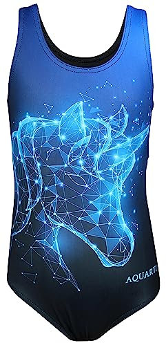 Aquarti Badeanzug Mädchen – Sportlicher Mädchen Badeanzug mit Ringerrücken Print, Farbe: Einhorn Blau/Schwarz, Größe: 134