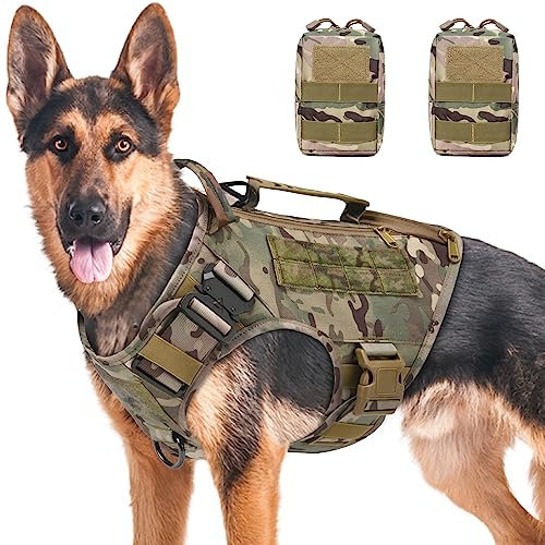 AIWAI Taktisches Hundegeschirr für mittlere und große Rassen, Molle-Panels Metallschnalle, Weste mit Seitentaschen, Taschen für Service-Arbeitstraining Tarnung,XL, mit 2 Beuteln