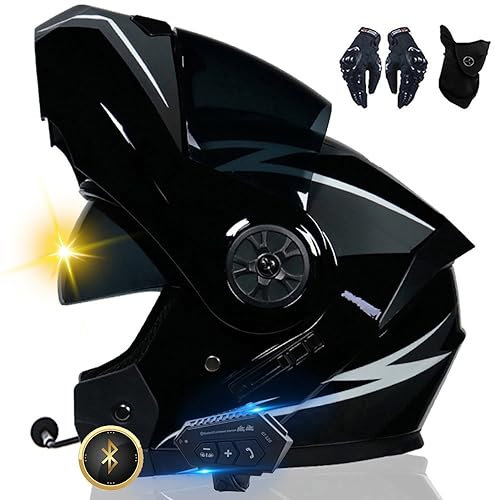 Bluetooth Motorradhelm, Vollvisierhelm mit 2 Fahrern Helm Bluetooth Intercom DOT/ECE Genehmigt, Leicht, Klapphelm mit Doppelvisier, Modularer Helm für Erwachsene Männer Frauen S~XL