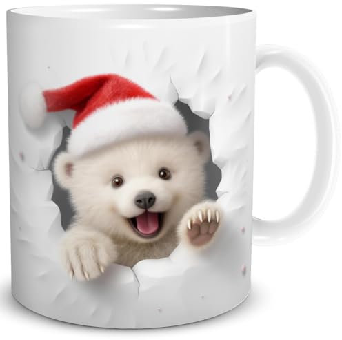 TRIOSK 3d Illusion Tasse Weihnachten mit Eisbären Weihnachtsmotiv Eisbär Baby bricht durch Becher Bärenmotiv Geschenk lustig für Eisbärfans, Keramik, 330ml