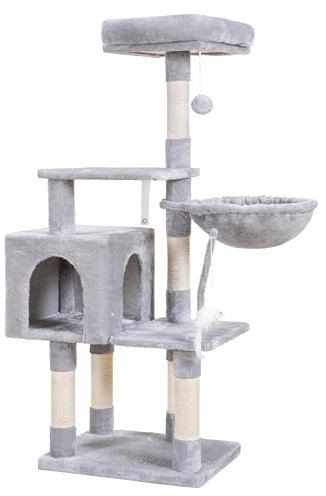Hey-brother Cat Tree, Cat Tower for Indoor Cats, 128 cm Cat House with Padded Plush Perch, Cozy hammock and Sisal Scratching Posts, Light Grey EMPJ004W-N