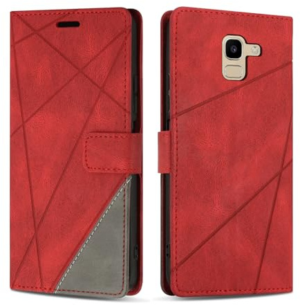 SONWO Coque pour Samsung Galaxy J6 2018, Protection Housse Etui en Cuir PU Portefeuille avec Emplacements Cartes et Fonction Support pour Samsung J6 2018, Rouge