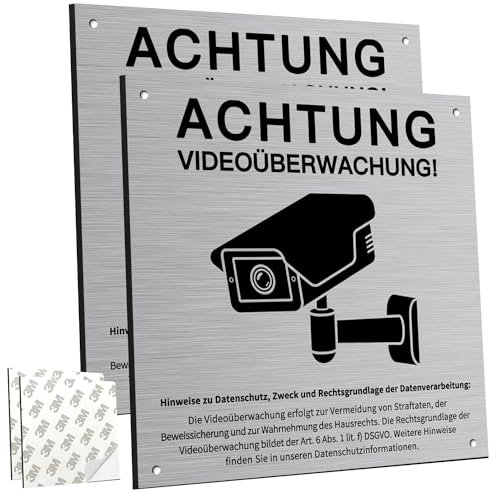 2 Stück Videoüberwachung Schild für Privatgrundstück - Achtung Kameraüberwachung - 15x15cm Aluminium, Selbstklebend Mit 4 Bohrlöchern - Warnschild