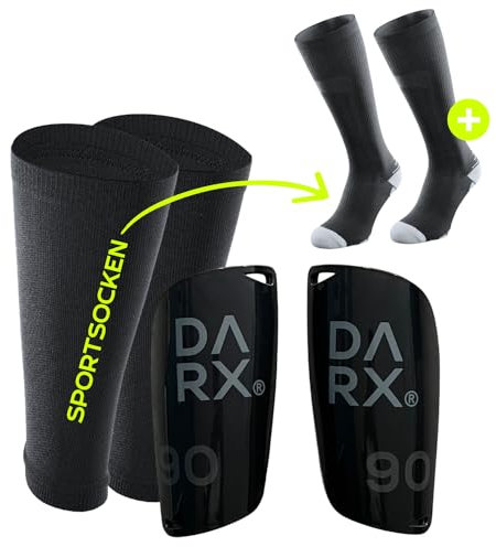 DARX® - Innovatives Schienbeinschoner Set - Leichter Schienbeinschoner I Spezial Schonerhalter + Sport Kompressionssocken - Jugendliche - Erwachsene (M, Grey/Black/Black (SS))