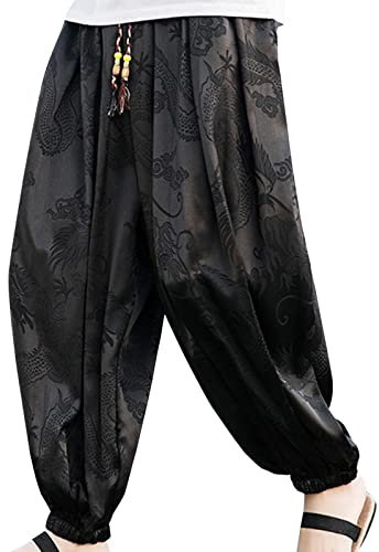 Haremshose Herren Leinenhose Lang Lose Fit Yogahose Leicht Sommer Hosen Taillehosen Aladinhose Herren mit Taschen Strandhose Beach Japan Style Bequeme Sommerhose Luftig Schwarz XL