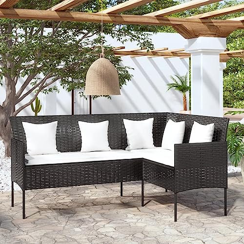 BUKSCYJS Sofas,Gartensofas,Schlafsofas,Gartenmöbel,Sofa in L-Form mit Kissen Poly Rattan Schwarz für Hinterhöfe, Terrassen, Pools, Balkone, Veranden oder Gärten