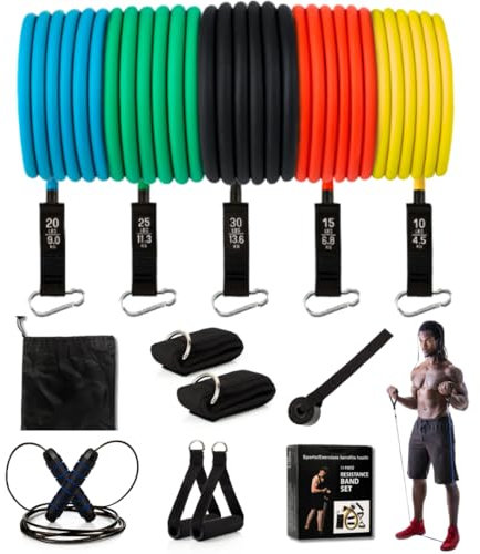 HIITLION Bandas elasticas Fitness + Cuerda de Saltar - Set de Resistencia con 5 Diferentes Niveles de Elasticos Fitnes musculacion - Banda Elastica Fitness para Entrenamiento - Gym en casa