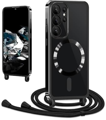 CaseLover Magnetische Handyband für Samsung Galaxy S23 Ultra Hülle mit Band Klare Silikon Handyhülle mit Kordel zum Umhängen Stossfest Kameraschutz Bumper Schutzhülle für S23 Ultra 5G, Schwarz