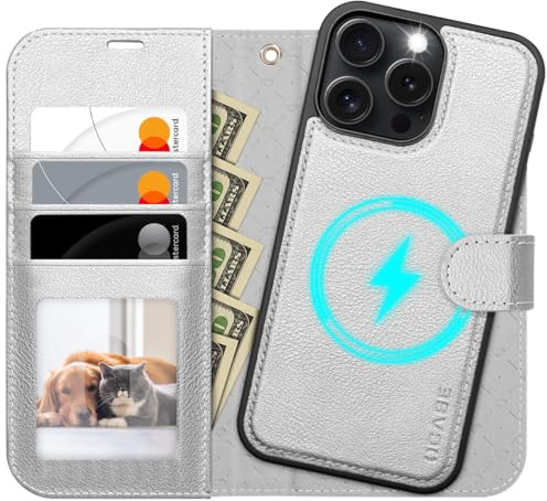 OCASE for iPhone 16 Pro Case, Detachable 2 in 1 Wallet, Silver | PU Leather, RFID Blocking, Wireless Charging, Card Holders, Kickstand, Shockproof Removable Phone Cover