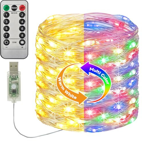 btfarm 120 LED Lichterkette mit USB Stecker und Timer, 12M Kupferdraht Lichterkette Innen mit Fernbedienung, 8 Modi Lichterketten mit Dimmbar für Party Weihnachten Hochzeit Deko, Warmweiß + Bunt