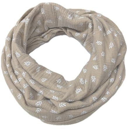 Landhuis handmade – Musselin Loop Damen mit Blätterprint – Schlauchschal beige – Herbst Winter Schal – Trendfarbe Mocha 2025 – handmade aus Baumwolle