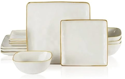 ZHCHAO Famiware Dinnerware Sets Square 12-Piece Kitchen Plates and Bowls Sets Microwave and Dishwasher Safe