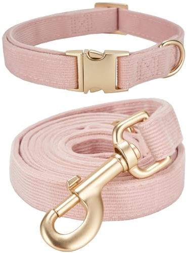 YUDOTE Ensemble Collier et Laisse pour Chien Grande Taille, Doux, Non-Irritant, Collier en Velours Côtelé et Laisse Assortis pour Grandes Races Lors des Promenades Quotidiennes, Rose Clair