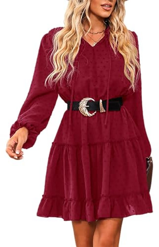 CUPSHE Women's Red XL Casual Dress: V-Neck, Long Sleeve, A-Line, Mini, Solid, Drawstring, Polyester, Spring/Summer