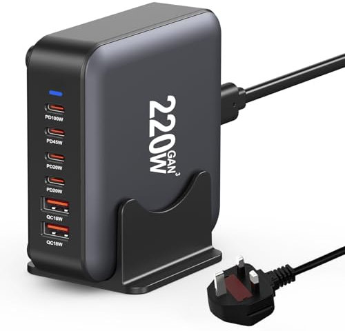 220W USB C Fast Charger, GaN III 6 Port Charging Station Hub, PD100W Laptop Charge Power Adapter Compatible with MacBook Pro/Air/iPad/Steam Deck/Dell XPS/iPhone 12/13/14/15/16 Pro Max/Galaxy S23/S24