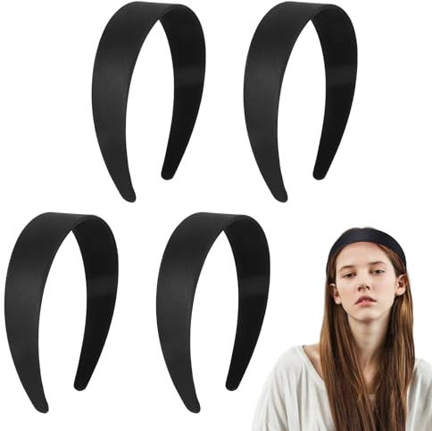 4 Stück 4cm Haarreif Schwarz, Klassische Satin Haarreifen Damen Schwarz, Massiv Schwarzer Haarreif Damen, Einfache, Elegante, Seriös, für Frauen Mädchen