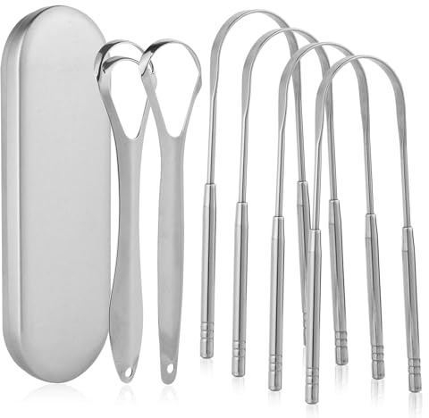 Aussumy 6 Pack Tongue Scraper for Adults - Reusable & Easy to Clean Tongue Scrubber with Travel Case - Medical-Grade 100% Stainless Steel Tongue Cleaner for Fresh Breath & Oral Care & Hygiene