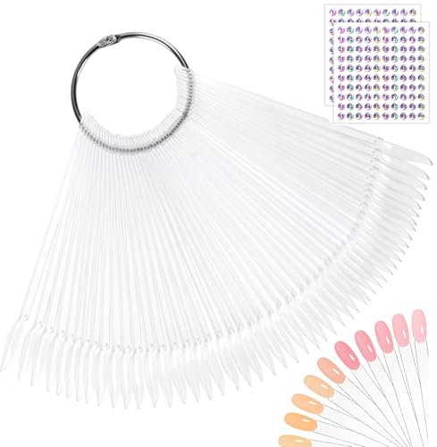 Clear Nail Swatches Fan-shaped 100 PCS Nail Swatch Sticks Nail Colour Display Tips, Transparent Art Tips Color Sticks with Metal Ring for Nail Salon and Beginners (With 200 stickers)