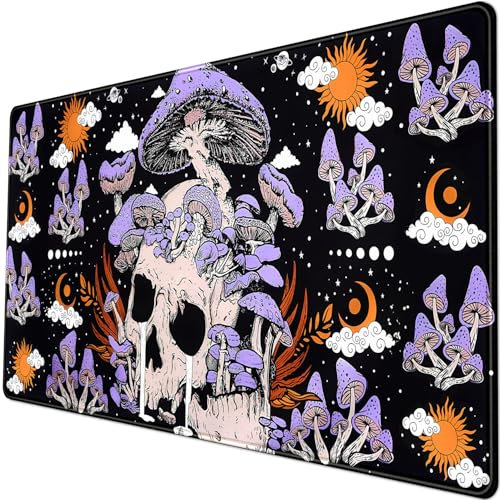 Black Mouse Pad Mushroom Desk Pad Skull Skeleton Purple Pc Laptop Office Keyboard Mouse Pads, Large Gaming Setup Office Extra Large Deskmat Laptop Mousepad 31.5x15.8 in-with Stitched Eges
