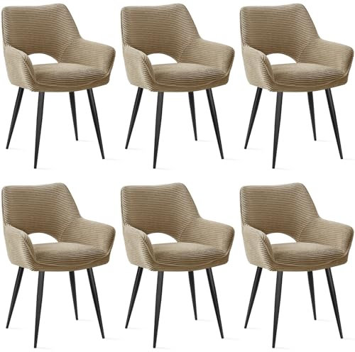 JIJIAN 6er Set Esszimmerstuhl mit Armlehne, Küchenstuhl, Moderner Polsterstuhl mit Stoffrückenlehne für Küche, Esszimmer, Schlafzimmer, Braun