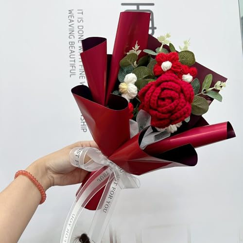 Jipersuo Bouquet di rose fatte a mano all'uncinetto, fiori all'uncinetto, senza tempo, in plastica, colore rosso, 31 x 43 cm